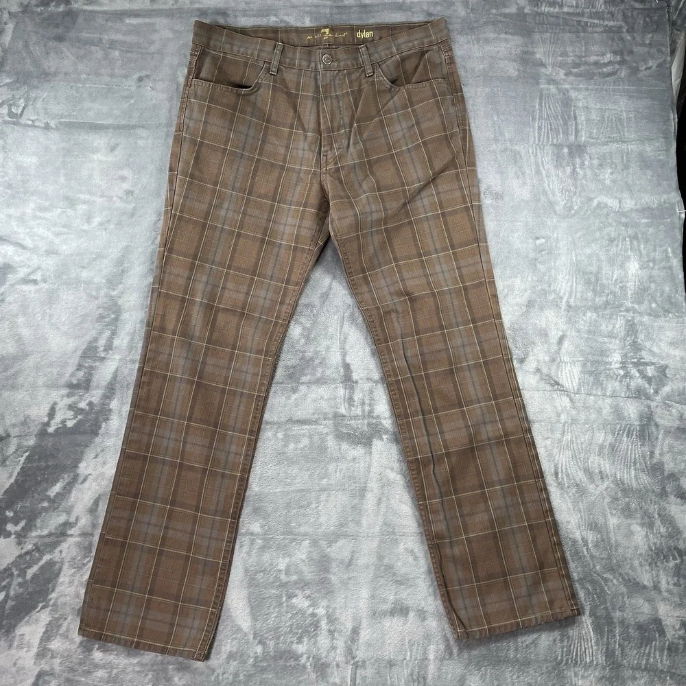 7 For All Mankind Mens 36x32 Dylan Straight Leg Jeans Plaid Denim Pants USA Made